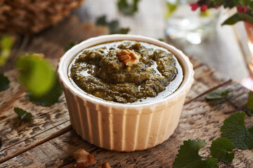 Pesto sauce made of young garlic mustard leaves - wild edible plant collected in early spring