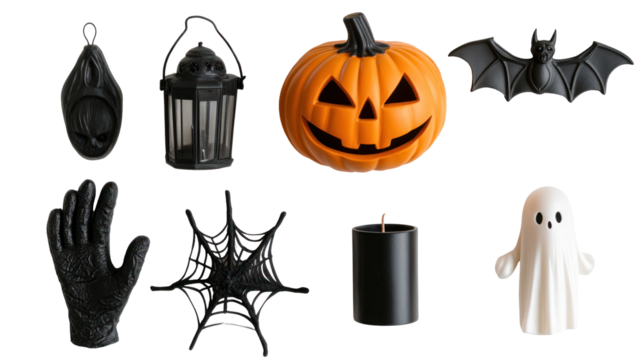 A collection of Halloween decorations featuring a pumpkin, ghost, lantern, bat, and other spooky elements on a white background - Powered by Adobe