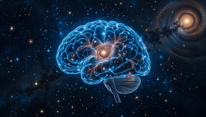 A glowing brain depicted in a starry outer-space scene, symbolizing intelligence, creativity, and cosmic connections
