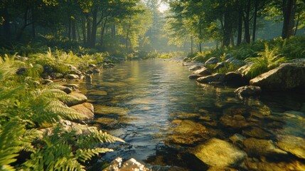 Obraz premium Serene forest stream flowing through green foliage