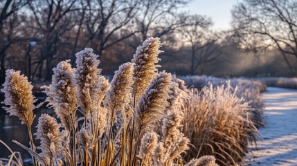 Fototapeta premium Frosty Winter Grasses Bask In Morning Sunlight