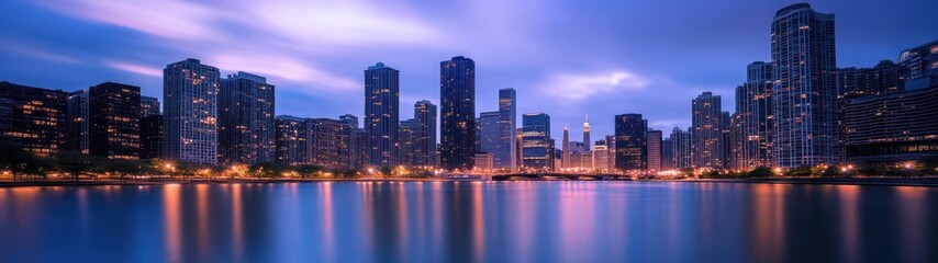 Obraz premium Illuminated Skyscrapers Reflecting in a Calm City Lake at Dusk