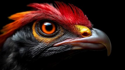 Obraz premium Striking portrait of a red-crested bird with intense gaze and vibrant plumage