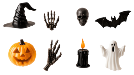 A collection of Halloween-themed decorations featuring a witch's hat, skull, bat, pumpkin, ghost, and spooky hands