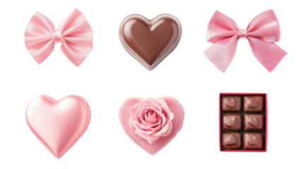 A collection of pink and chocolate-themed decorative items including bows, hearts, and a rose, perfect for Valentine's Day