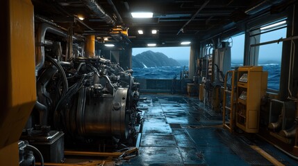 Fototapeta premium Ship Engine Room Ocean View Stormy Seas