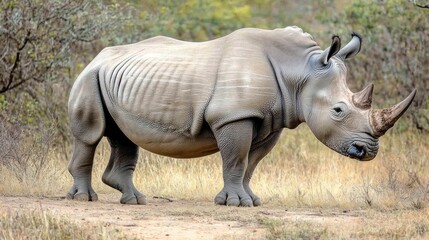 Fototapeta premium A White Rhinoceros Stands In African Savanna Grassland