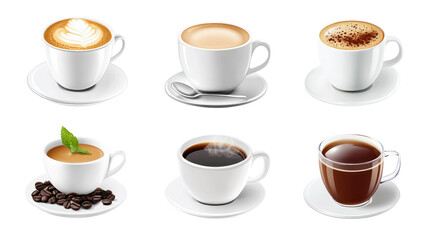 A collection of various coffee cups showcasing different types of coffee beverages with decorative foam and garnishes
