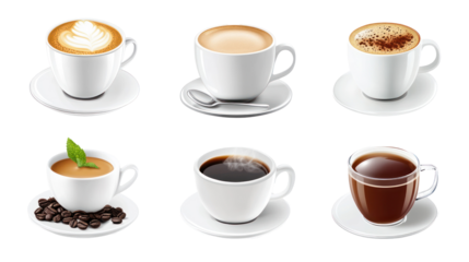A collection of various coffee cups showcasing different types of coffee beverages with decorative foam and garnishes