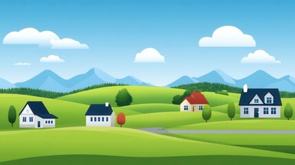 Fototapeta premium Tranquil Rural Landscape with Colorful Houses and Rolling Green Hills Under a Clear Blue Sky