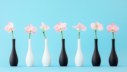 Pink Orchids in Black & White Vases.