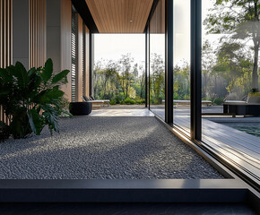 Tranquil Backyard with Modern Pool and Shaded Patio, Framed by Lush Greenery and a Weeping Willow, Ideal for Summer Retreats and Relaxation