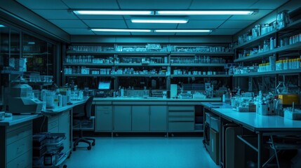 Fototapeta premium An empty nighttime laboratory filled with scientific equipment