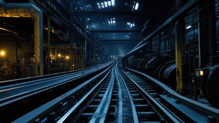 Obraz premium Industrial Railway Tracks Inside a Dark Factory Building