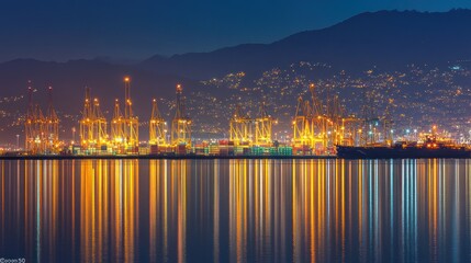 Fototapeta premium Nighttime Port Illuminates Container Cranes and Cargo Ships
