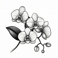A black line illustration of an orchid, delicate and graceful botanical artwork, on a smooth white backdrop.