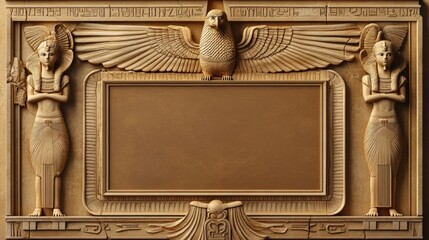 Egyptian carving sculptures display pharaoh statues and blank frame with eagle on an ornate stone background