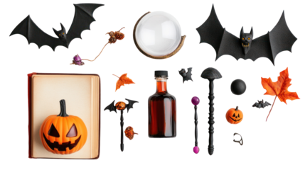 A festive Halloween arrangement featuring a carved pumpkin, spooky bats, potion bottle, and autumn leaves on a dark background