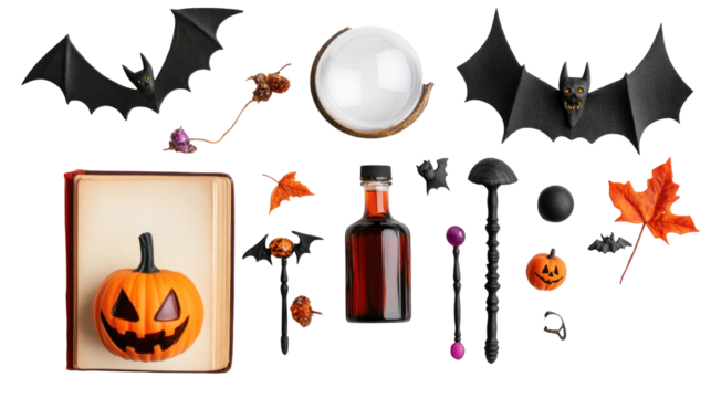 A festive Halloween arrangement featuring a carved pumpkin, spooky bats, potion bottle, and autumn leaves on a dark background