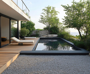 Modern villa with pool, deck, gravel, natural setting, minimalist design, relaxation.