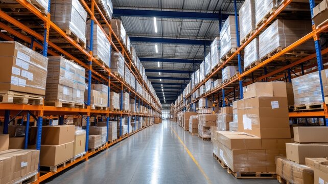 Large warehouse with stacked boxes on shelves, showcasing storage and logistics