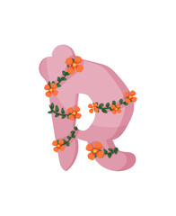 Vector illustration of the letter R adorned with pink floral decorations.