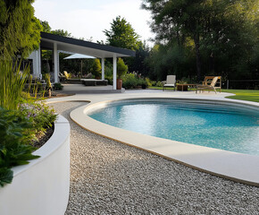 Serene Modern Minimalist Villa Retreat with a Reflective Blue Swimming Pool and a Tranquil Gravel Terrace, Perfect for Summer Relaxation
