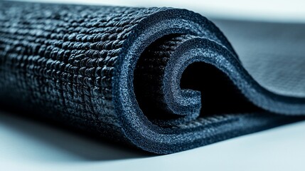 Rolled dark-grey exercise mat, textured surface