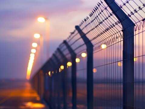 Airport perimeter fence with bird deterrent spikes, under security lights at dusk showcases technical infrastructure.