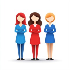 Group of Three Woman Characters in Colorful Outfits Representing Diversity and Empowerment in Modern Design
