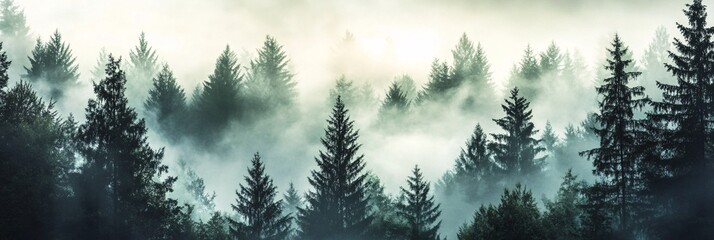 Obraz premium Layered Silhouettes of Tall Evergreens Against a Misty Forest Backdrop