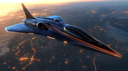 Fototapeta premium Futuristic aircraft flying above an illuminated cityscape during twilight