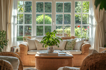 Obraz premium Serene Sunroom Retreat: Embrace Nature Through Expansive Windows and Comfortable Living Spaces