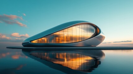 Modern twisting skyscraper rises against a blue sky in a bustling urban environment during golden hour