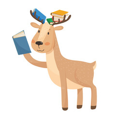 Vector illustration of a deer holding a book, with books balanced on its antlers.