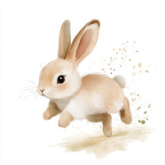 A rabbit is running in the air with its ears up