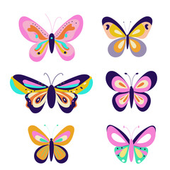 Fototapeta premium SEt of groovy btterfly flat vector style boho butterflies