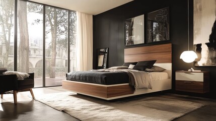 Modern bedroom design with wooden bed and city view