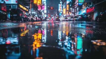 Obraz premium Nighttime city street illuminated by neon lights with reflections on wet pavement in an urban setting
