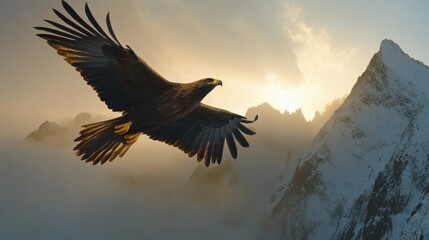 Naklejka premium Majestic eagle soaring over misty mountains during sunset in a tranquil landscape