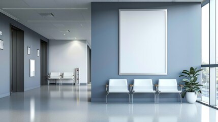 A large white wall with a white framed picture and four white chairs