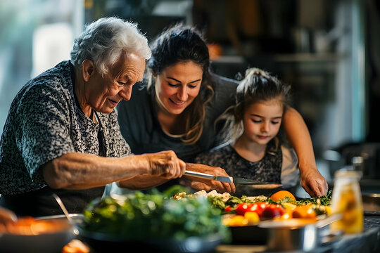 Three Generations Cooking Together, Grandmother, Mother, and Granddaughter Sharing a Special Moment