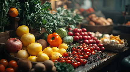 Naklejka premium Colorful display of fresh vegetables and fruits at market