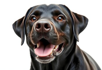 Close-up of a Happy panting black Labrador dog looking at the camera, isolated on white, Remastered