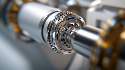 Close-up showcases intricate metal engineering parts with metallic finish