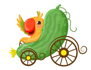 A funny vector illustration of a parrot riding in a green cucumber-shaped car with yellow wheels.