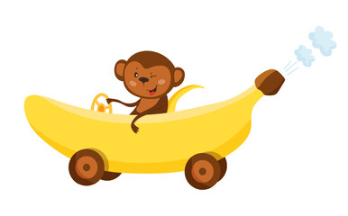 A funny vector illustration of a brown monkey riding in a yellow banana-shaped car with wheels.