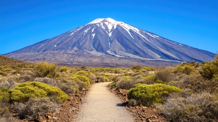 Majestic snow capped peak volcano with pathway