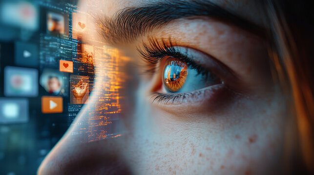 Close-up of woman's eye reflecting social media grid for online content consumption and technology influence concepts