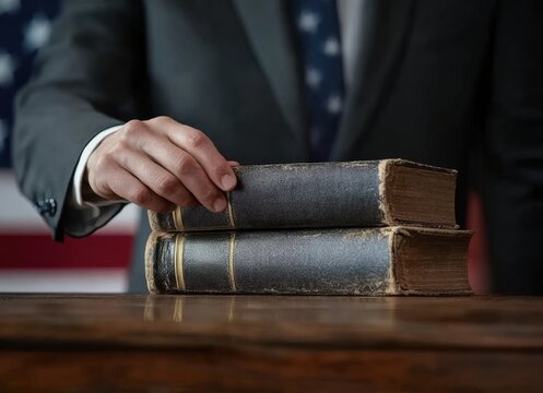 Lawyer touching old legal books with american flag in background